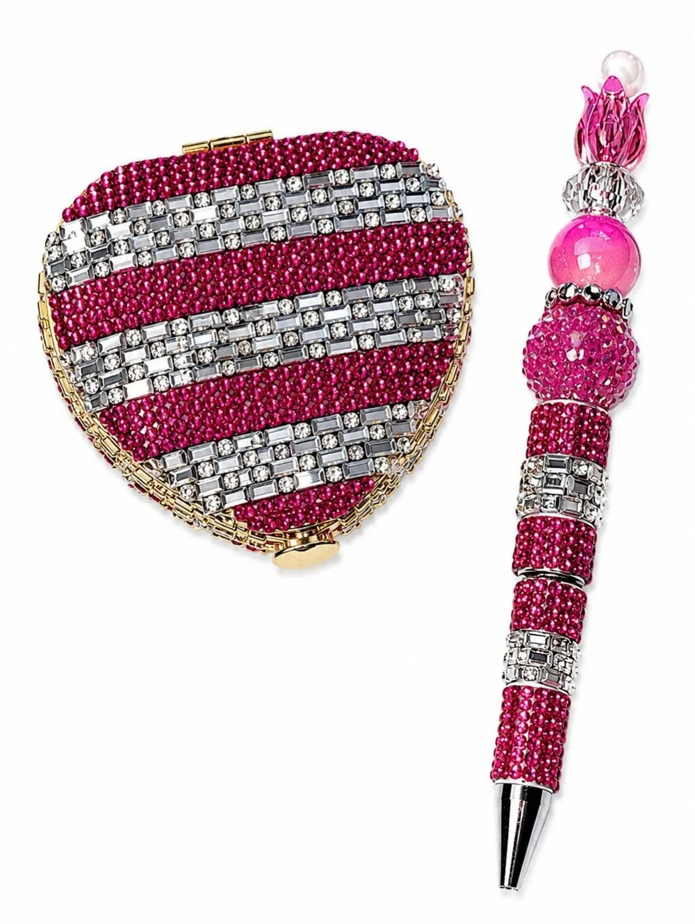 Handcrafted Hot Pink Rhinestone Compact Mirror & Beaded Pen Gift Set